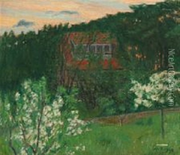 Scene With Fruit Trees In Bloom And House Oil Painting - Niels Bjerre