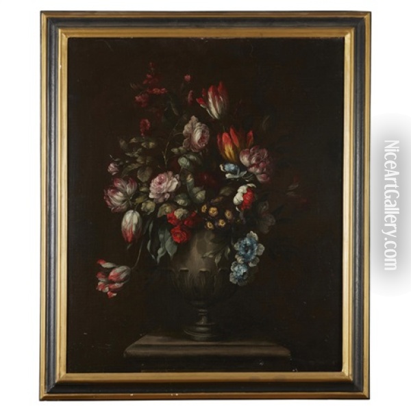 Still Life Of Tulips, Roses And Other Flowers In An Urn Oil Painting - Johann Baptist Drechsler