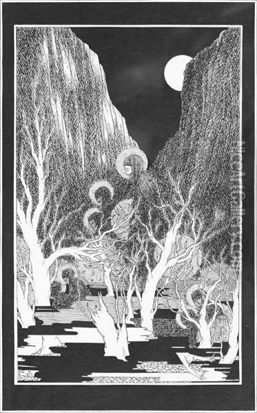 Figures In A Wood Oil Painting - Aubrey Vincent Beardsley