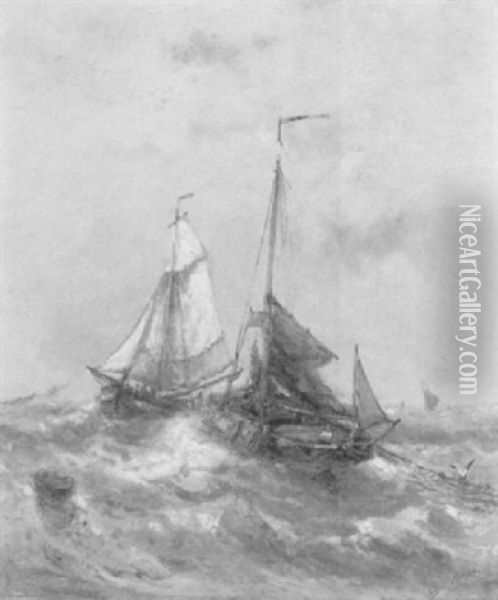 Fishingvessels On Choppy Seas In Grey Weather Oil Painting - Auguste Henri Musin