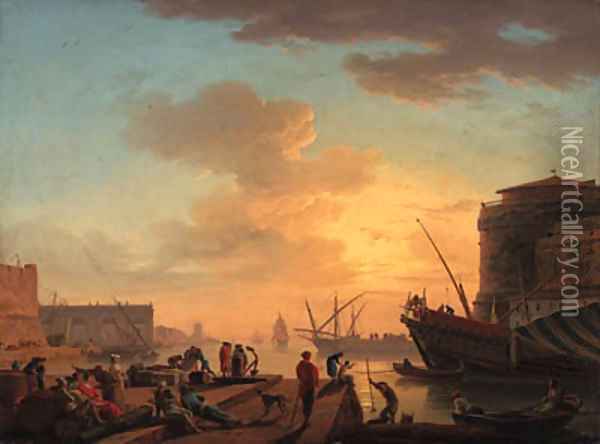 Le Soir A Mediterranean harbour at sunset with fisherfolk and merchants on a quay Oil Painting - Claude-joseph Vernet