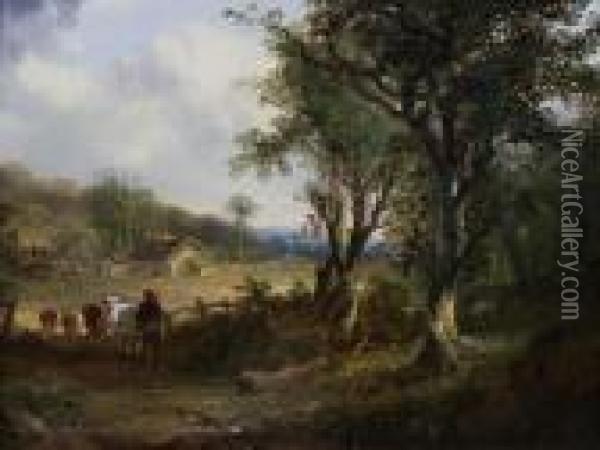 Drover And Cattle By Woodland Oil Painting - Alfred Stannard