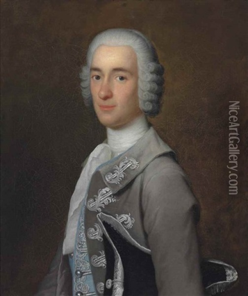 Portrait Of A Gentleman, Half-length, In A Grey Coat With An Embroidered Trim And Blue Waistcoat, A Tricorn Under His Arm Oil Painting - Cosmo Alexander