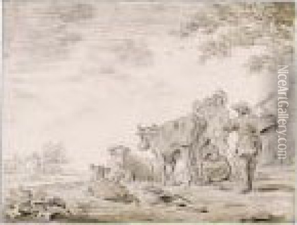 Cows And A Milkmaid In A Landscape Oil Painting - Jan van Goyen