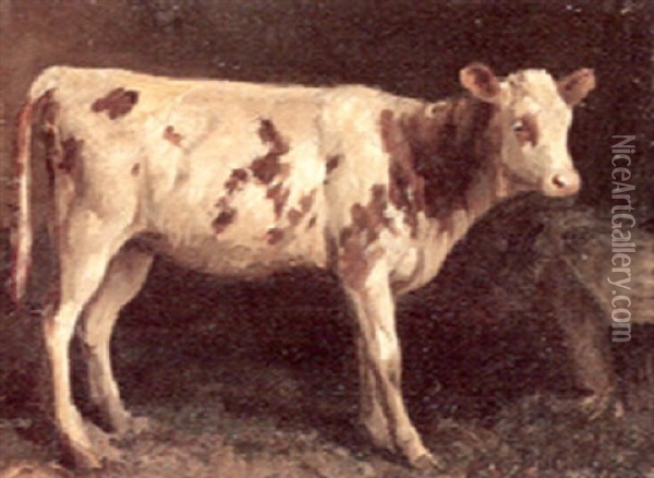 A Calf In A Barn Interior Oil Painting - Fernand Marie Eugene Legout-Gerard