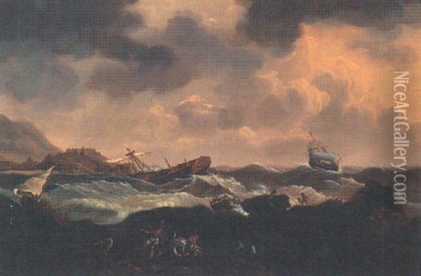 A Convoy In Distress Off The North African Coast Oil Painting - Charles Martin Powell