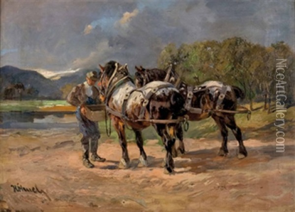 Bauer Mit Zwei Aufgezaumten Zugpferden Oil Painting - Wilhelm Hohnel