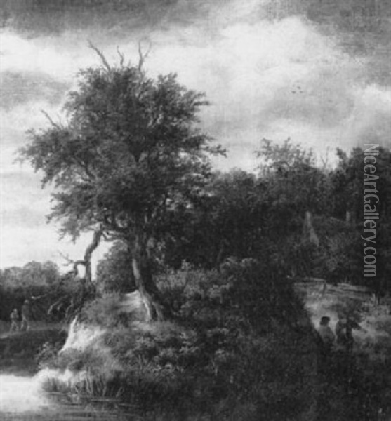 A Wooded River Landscape With Figures Resting By A Cottage Oil Painting - Jacob Van Ruisdael