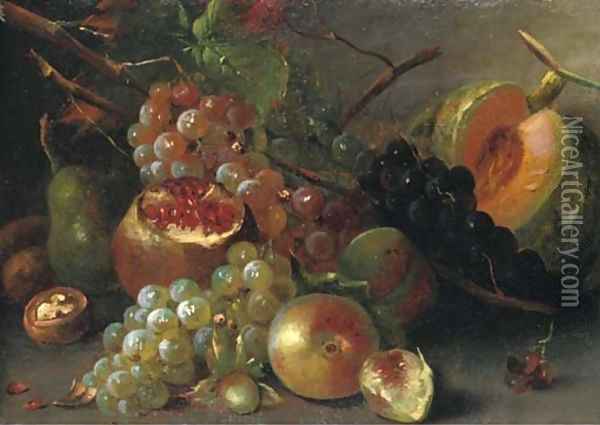 Grapes, a melon, cherries, a walnut, a pomegranate and other fruits on a wooden ledge Oil Painting - Abraham Brueghel