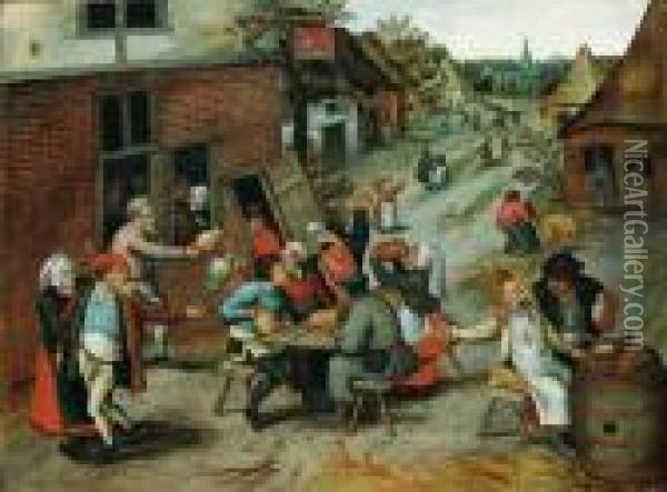 Villagers Merrymaking Outside The Swan Inn Oil Painting - Pieter The Younger Brueghel