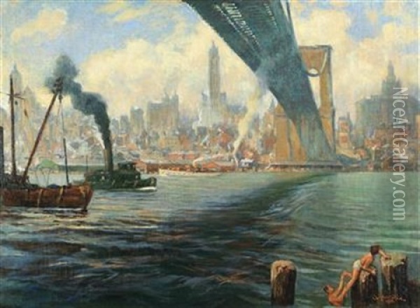 The Brooklyn Bridge Oil Painting - Attilio Pusterla