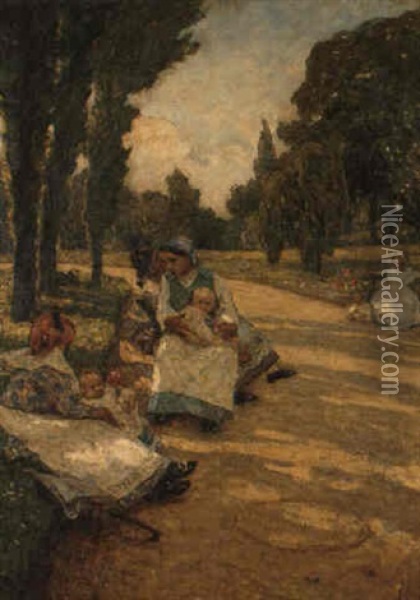 Families Resting In The Park Oil Painting - Luigi Rossi