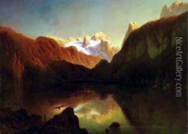 View Of A Lake In An Alpine Landscape Oil Painting - Julius Lange