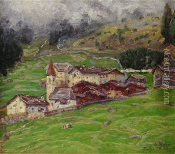 Blick Auf Das Idyllisch Gelegene Trafoi Bei Sulden In Sudtirol Oil Painting - Adolf Fischer