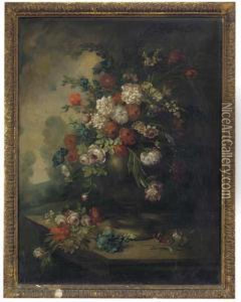 Roses, Morning Glory, Chrysanthemums And Other Flowers In An Urn, In A Landscape Oil Painting - Andrea Belvedere