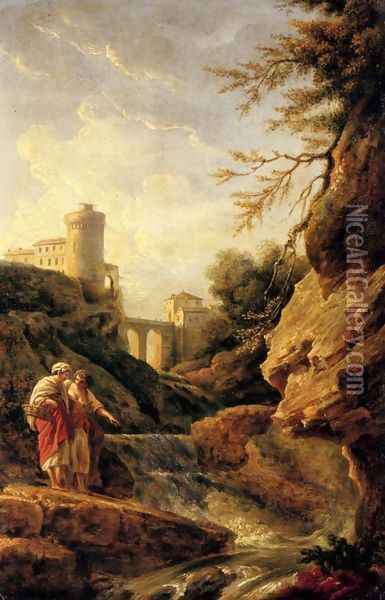 Two female peasants by a waterfall, a town and aqueduct beyond Oil Painting - Claude-joseph Vernet