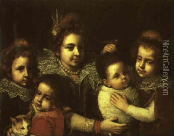 Portrait Of Three Girls, A Baby And A Boy Holding A Cat Oil Painting - Carlo Ceresa