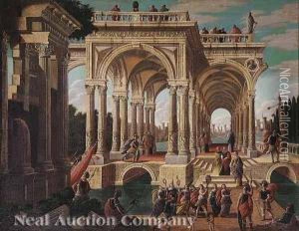 Arcaded Pavilions And Ruins Oil Painting - Leonardo Coccorant