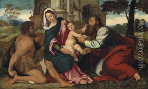 The Madonna And Child With Saints John The Baptist And Paul Oil Painting - Acopo D'Antonio Negretti (see Palma Giovane)