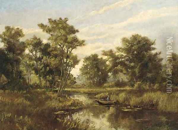 An angler on a quiet stretch of the river Oil Painting - Pierre Ernest Prins