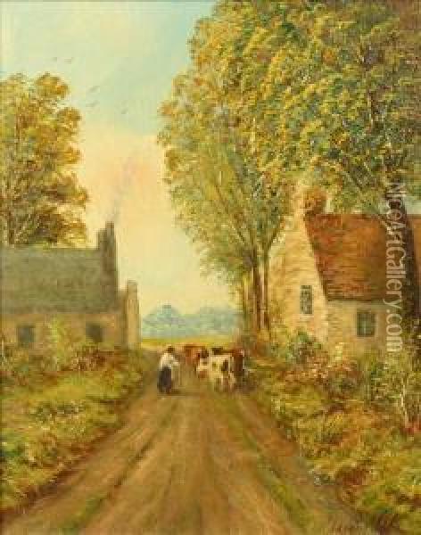 Figure Driving Cattlebetween Two Farmsteads Oil Painting - Henry Harris