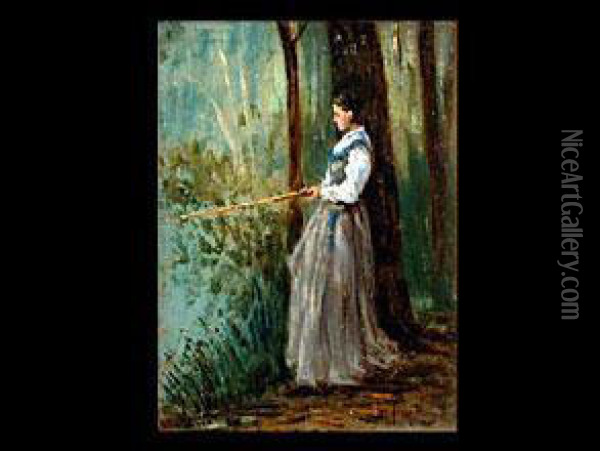 Junge Frau In Langem Kleid An Einem Baum Oil Painting - Giacomo Favretto