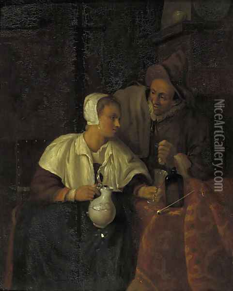 A woman seated by a table pouring wine for a man, in an interior Oil Painting - Gabriel Metsu