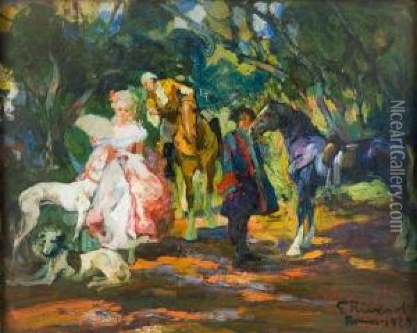 Dama Con Ventaglio E Uomini A Cavallo Nel Bosco Oil Painting - Giuseppe Rivaroli
