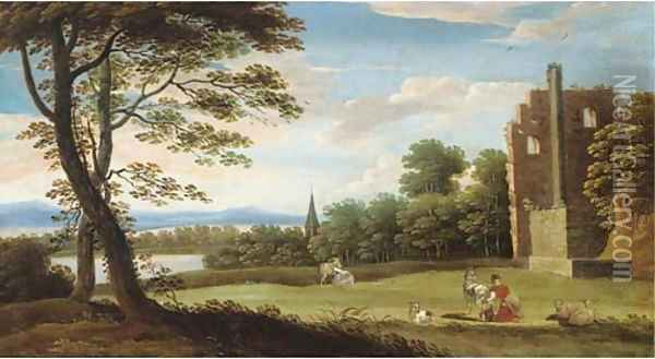 A wooded landscape with classical ruins, a milkmaid with goats and a lake beyond Oil Painting - Marten Ryckaert