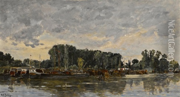 Barges On A River Oil Painting - Hippolyte Camille Delpy