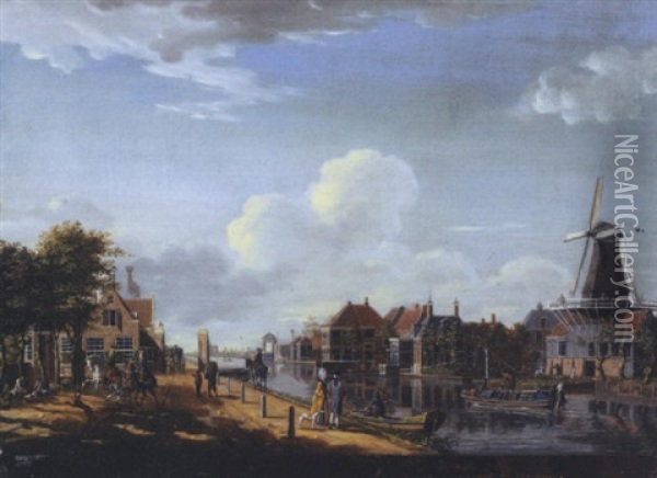 Amsterdam: The 't Spaarne Canal In Slooterdijk With The Ferry Office And The Tollgate On The Left Hand Side Oil Painting - Isaac Ouwater