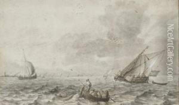 Marine Avec Barque Et Voiliers Oil Painting - Jan Porcellis