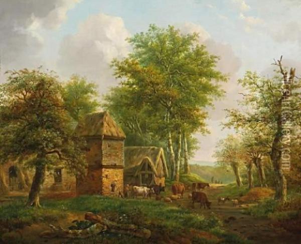 Summerly Village Landscape With Trees And Cattle Oil Painting - Hendrik Pieter Koekkoek