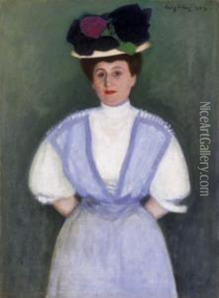 Lady In A Hat With Violets Oil Painting - Dezso Czigany