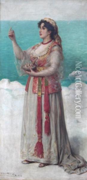 Orientalistische Dame Met Vogelnestje Voor De Zee Oil Painting - Leon Herbo
