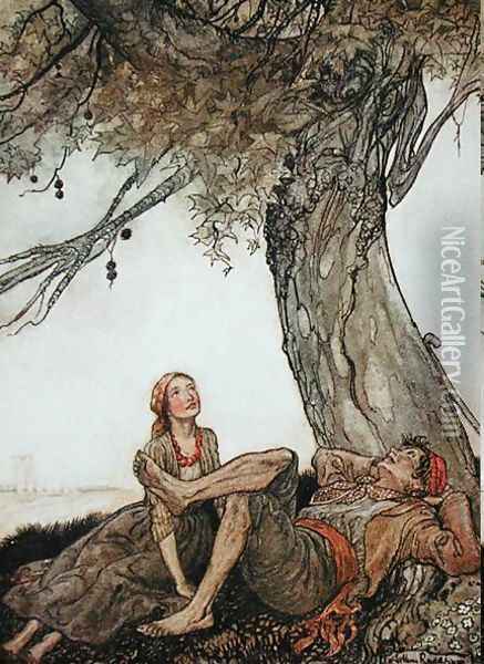 The Travellers and the Plane Tree, illustration from Aesops Fables, published by Heinemann, 1912 Oil Painting - Arthur Rackham