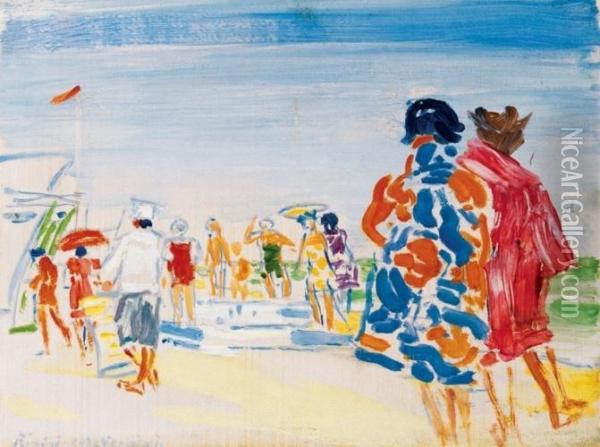 Beach In Rimini With Bathers Oil Painting - Janos Vaszary
