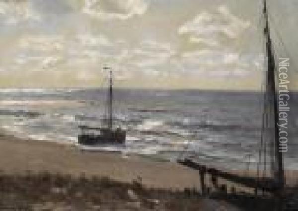 Sailer On The Beach. Signed Lower Left: Erwin Gunter Oil Painting - Erwin Carl Wilhelm Gunther