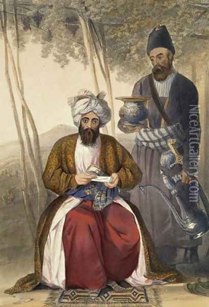 Mahommed Naib Shurreef, a Celebrated Kuzzilbach Chief of Caubul and his Peshkhidmut or Head Attendant, plate 15 from Scenery, Inhabitants and Costumes of Afghanistan, engraved by Robert Carrick c.1829-1904 1848 Oil Painting - James Rattray