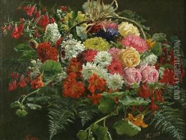 Roses, Carnations And Other Flowers In Abasket Oil Painting - Anthonie, Anthonore Christensen