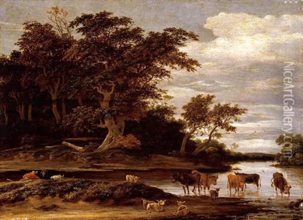 Cattle, Sheep And Two Peasants With A Dog In A Wooded River Landscape Oil Painting - Jacob Salomonsz van Ruysdael