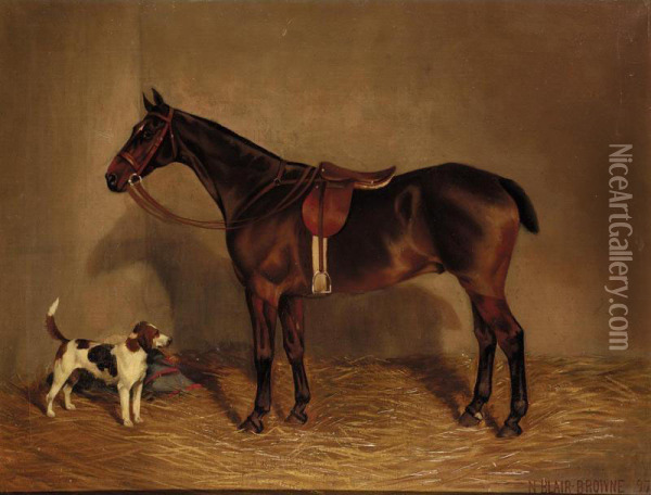 White Horse In Stable; A Saddled Brown Horse Oil Painting - Nassau Blair Browne