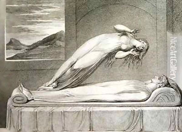 The soul hovering over the body reluctantly parting with life Oil Painting - William Blake