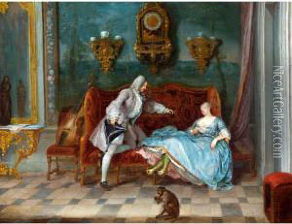 An Interior With A Sleeping Lady Holding A Letter And A Gentleman Seated Beside Her Oil Painting - Michel-Barthelemy Ollivier