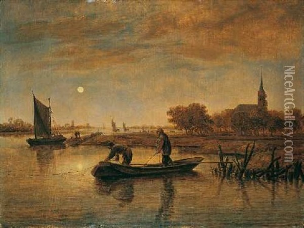 Flusslandschaft Im Mondschein Mit Fischern, Die Ihr Netz Einholen Oil Painting - Aert van der Neer