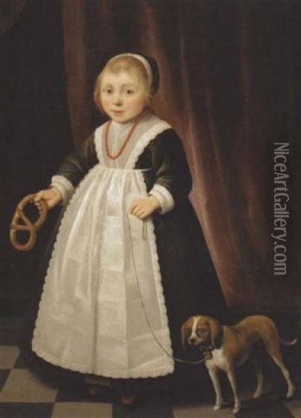 Portrait Of A Young Girl Wearing A Coral Necklace And Holding A Pretzel, A Spaniel Puppy Beside Her Oil Painting - Jacob Gerritsz Cuyp