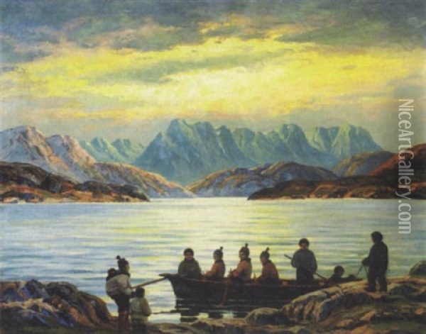Gronlandsk Fjordparti Med Konebad Og Personer Oil Painting - Emanuel A. Petersen