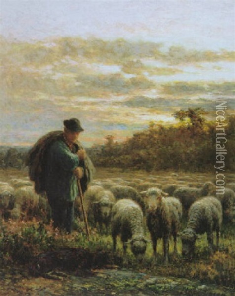 Shepherd And His Flock Oil Painting - Jean Ferdinand Chaigneau