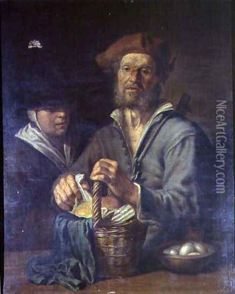 An Old Peasant and a Maid at a Table Oil Painting - Giacomo Francesco Cipper