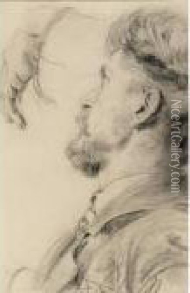 Study Of A Man In Profile With Study Of A Hand Oil Painting - Adolph von Menzel